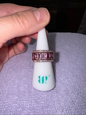 bp Pink Crystal Band Ring with Pavé Edges